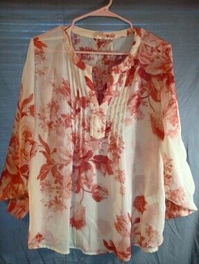 Creative Commune Sheer Floral Pintuck Blouse - Cream with Red Floral